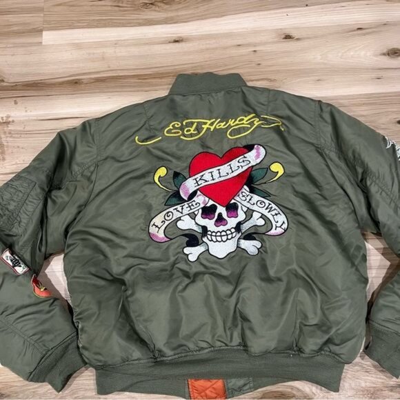 Ed Hardy Green Patches Bomber Jacket Coat Men’s Medium - Picture 6 of 9